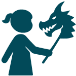 Flat teal icon of a child holding a dragon puppet on a stick, on a white background, representing children's therapeutic role-play. Can also apply on adult therapy.