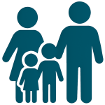 Flat teal icon of a family with two parents standing behind two children, all in silhouette on a white background, representing family support and therapy, parenting consultancy and coaching.