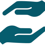 Flat teal icon of two hands, one palm facing down above another palm facing up, on a white background, symbolizing care and support, individual psychotherapy, group psychotherapy, adult psychotherapy.
