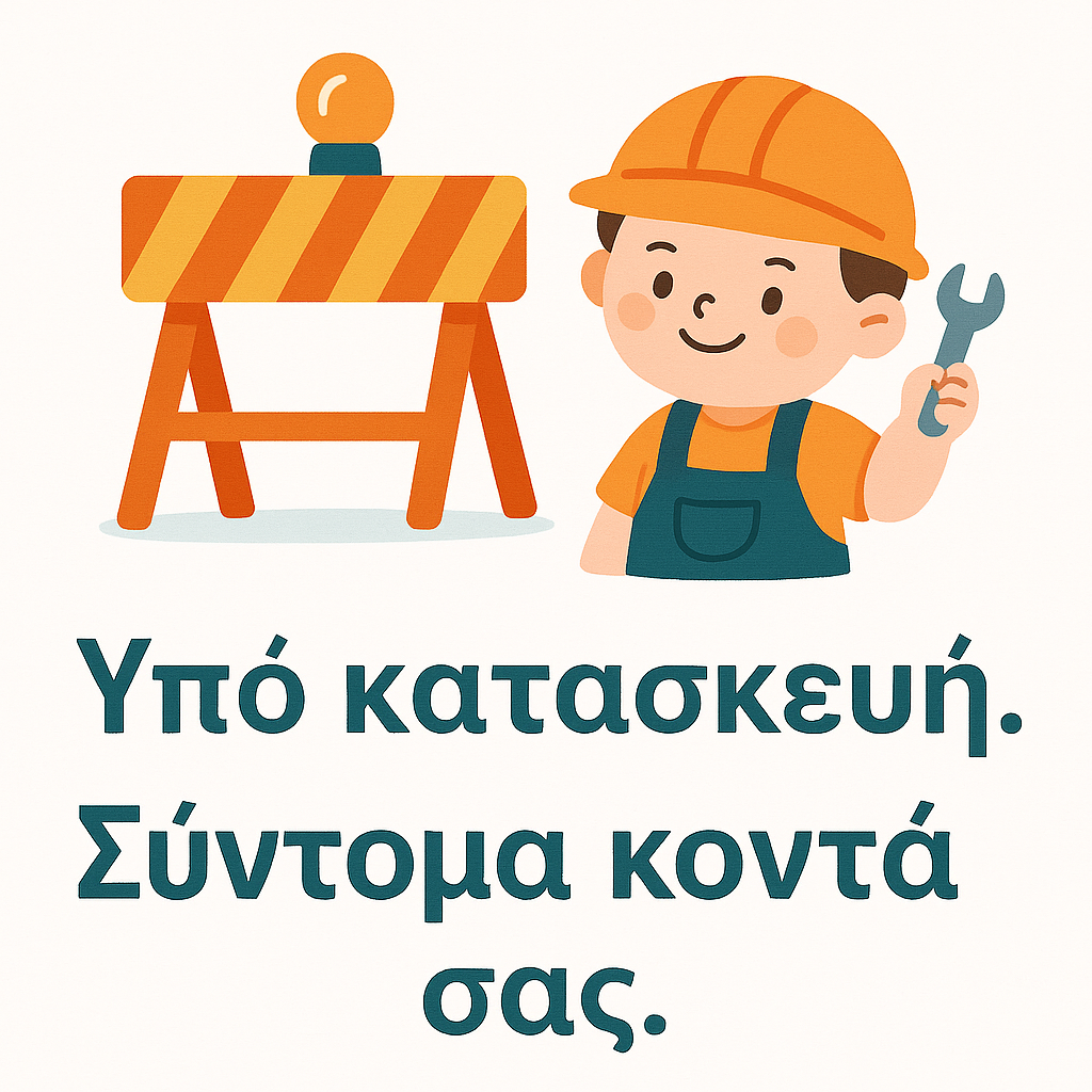 Flat-style digital illustration of a construction notice sign on a white background, featuring the Greek text ‘Υπό κατασκευή. Σύντομα κοντά σας.’ in teal (#024A59) with playful, soft construction-themed accents.