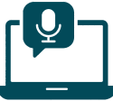 Flat teal icon of a laptop displaying a speech bubble with a microphone, representing webinars and online seminars.